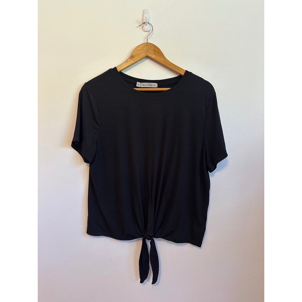 Allfenix Black Ribbed Bamboo Blend Front Tie Short Sleeve Top | Size Medium